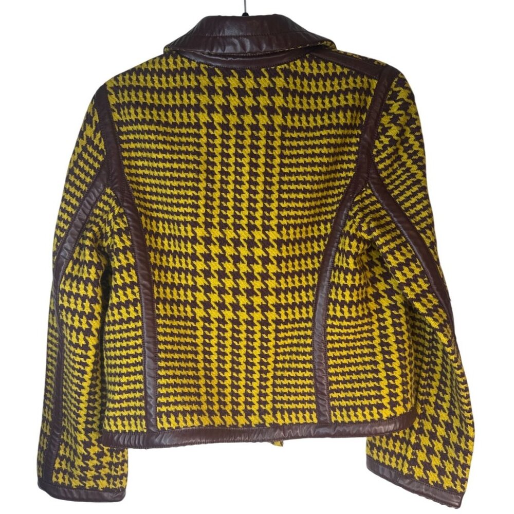 VTG PHILOSOPHY DI Wool Houndstooth Vintage Yellow & Brown Wool Jacket Faux Trim - Picture 7 of 11
